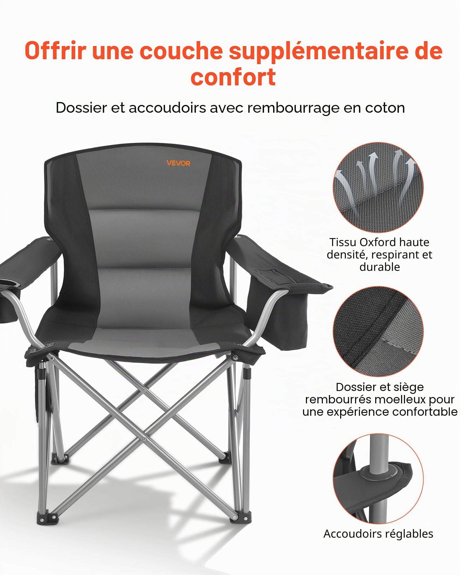 VEVOR Chaise de Camping Pliante et Portable 2PCs, Fauteuil Pliable Camping Charge 204 kg, pour Pique-Nique Randonnée Pêche en Plein Air, avec Dossier et Accoudoirs Rembourrés et Porte-gobelet