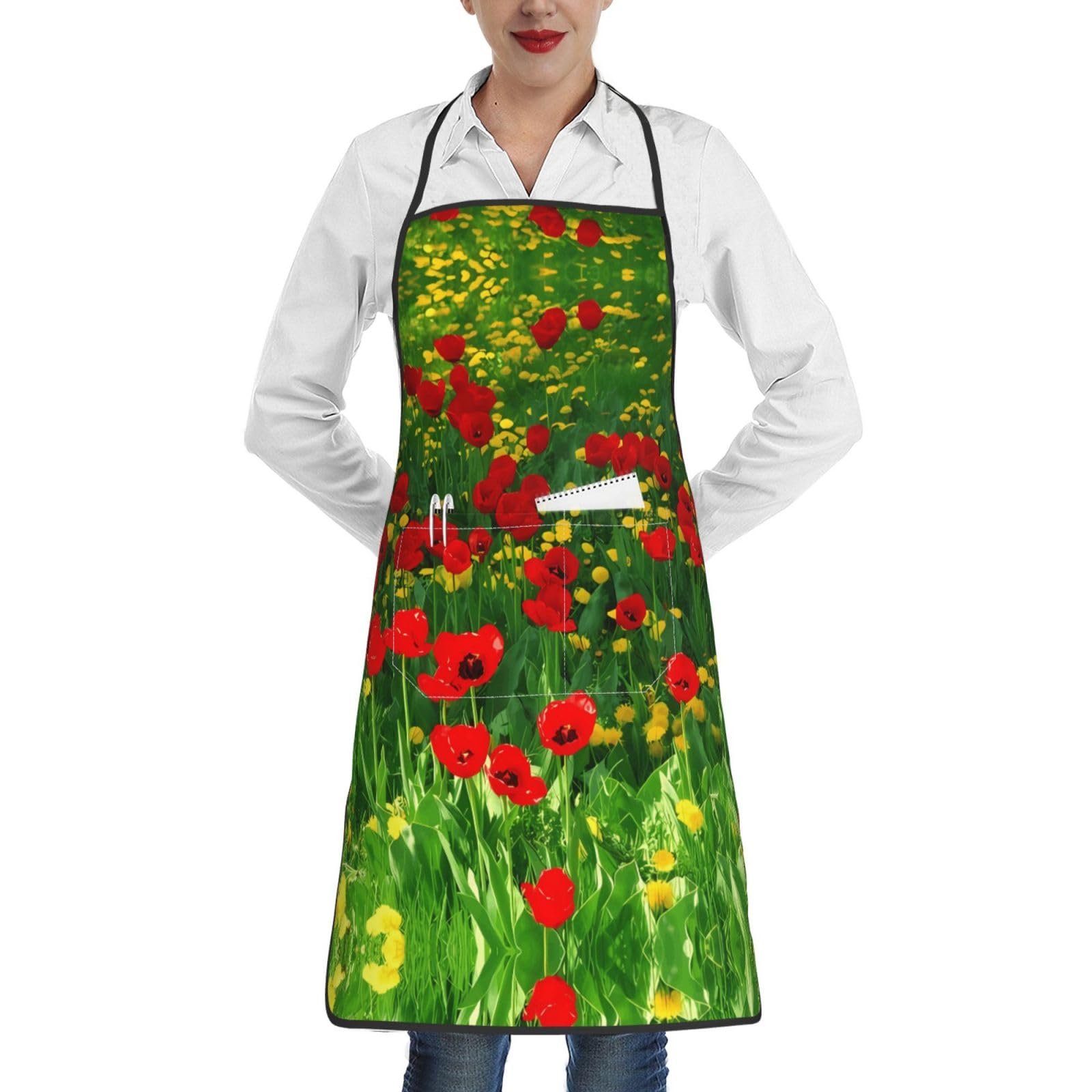 BLWSLC Red Poppy Field Farm Meadow Landscape A printed tied-hem apron with pockets perfect for kitchens restaurants and cafes