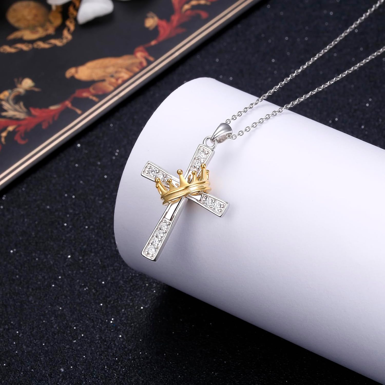 Two Tone Cross Necklaces Crown/Sunflower/Daisy/Hummingbird Necklace 925 Sterling Silver Adjustable Pendant Jewelry Gifts for Women