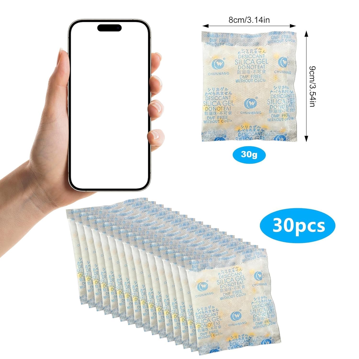 30g x 30 Packs Silica Gel Packets Food Grade Silica Packets with Color Indicating, Premium Desiccant Packs for Food, Electronics, Closet, 3D Filaments, Basements, Jewelry and Safe Storage | Jzlongxi