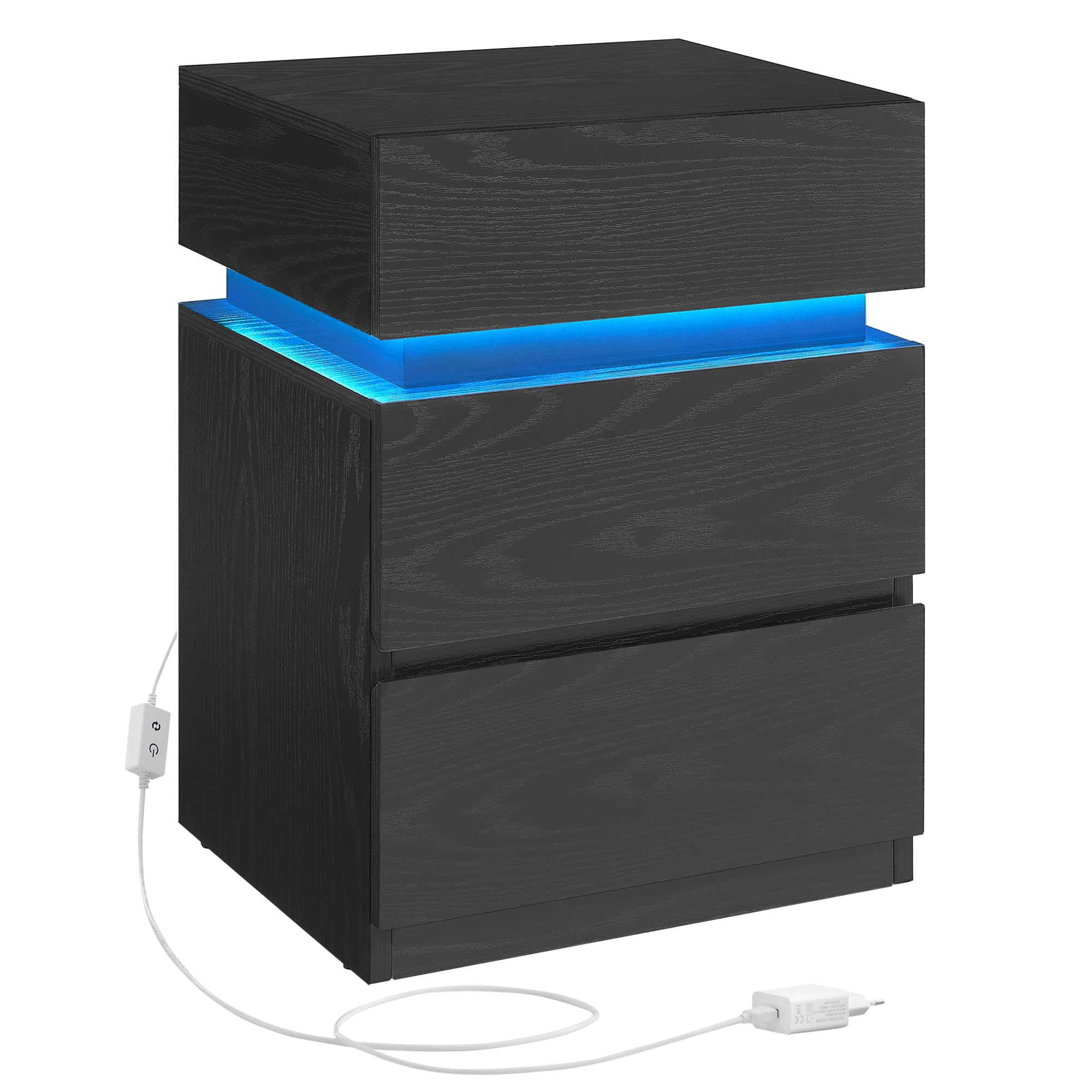 VASAGLE KAILYN Collezione - Comodino con Striscia Luminosa di Luci a LED Multicolore Variabile, 3 Cassetti, Tavolino in Stile Moderno, 35 x 40 x 55 cm, Nero Effetto Legno LET630T56