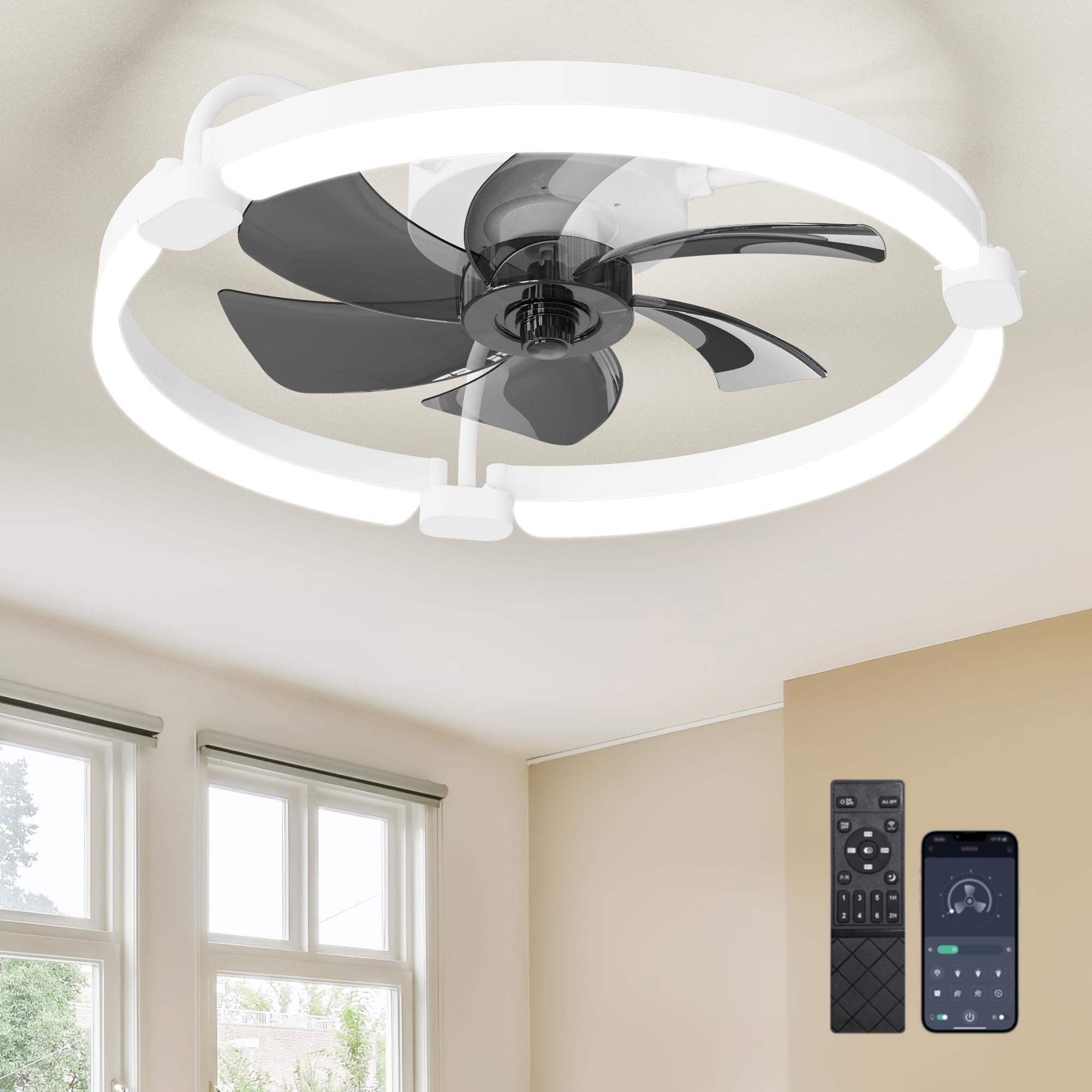 Ensenior 20'' Low Profile Ceiling Fans with Lights and Remote, Fandelier Ceiling Fan Flush Mount, APP Control, 6 Speed & 3000K-6500K Stepless Dimmable Small Ceiling Fan with Light for Bedroom - White