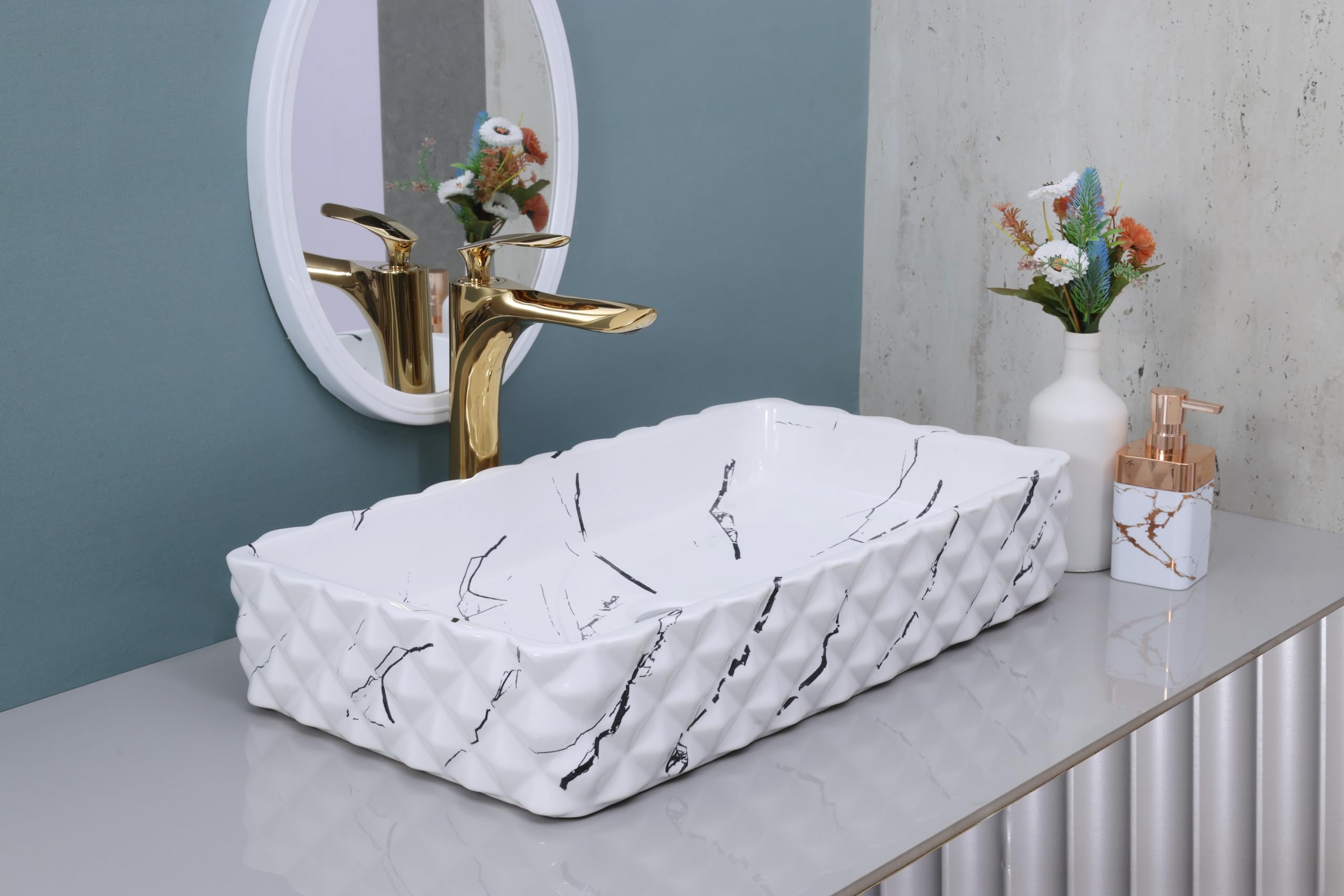 HISRE Designer Glossy Finish Table Top Ceramic Wash Basin Vessel Sink with Slim Rim Deer Design 18 x 24 x 4.5 Inch Style - 6, photo 2 of 4