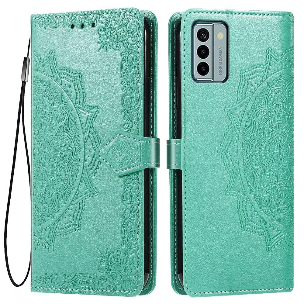 HONLEN Pokrowiec na telefon Nokia G22 (16.5 cm) Wysokiej jakości etui z klapką ze skóry PU, wytłoczony wzór mandali z 3 przegródkami na karty, zielony
