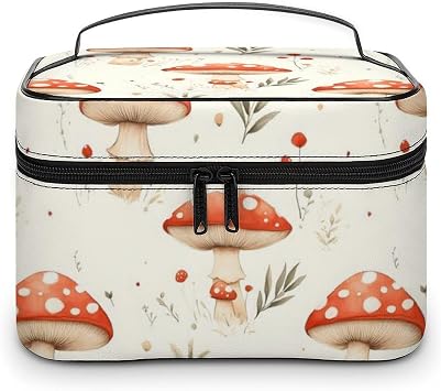 Large Travel Makeup Bag Organizer - Leather Travel Bright Mushroom Red Print Cosmetic Toiletry Bag for Women, Nail Skincare Makeup Case Organizer with Compartments Brush Storage And Handle