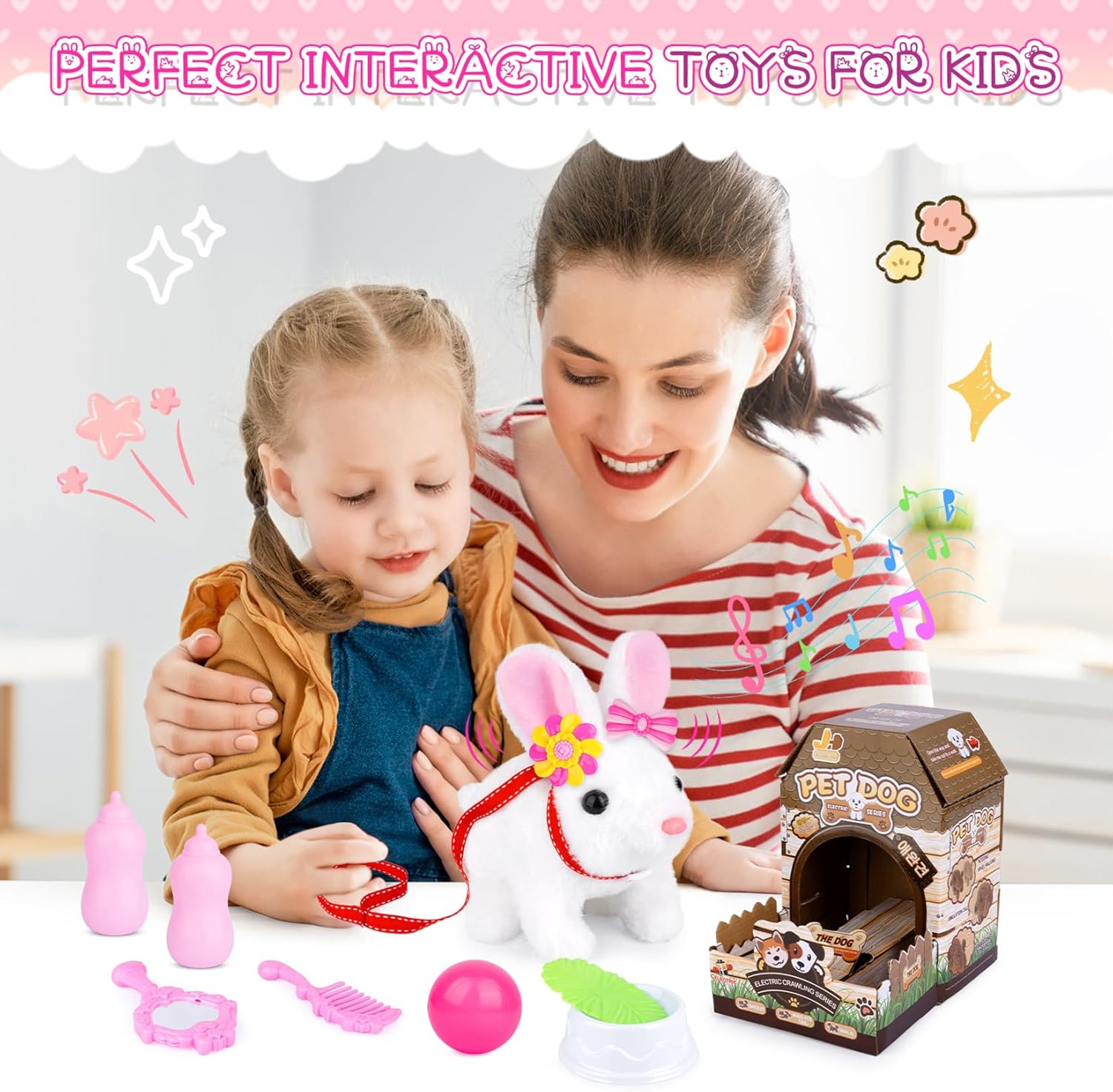 Interactive Hopping Bunny Toy - Realistic Animated Stuffed Rabbit with Moving Ears, Includes Paper Hutch & Play Accessories, Birthday Gift for Toddlers Kids - Image 4