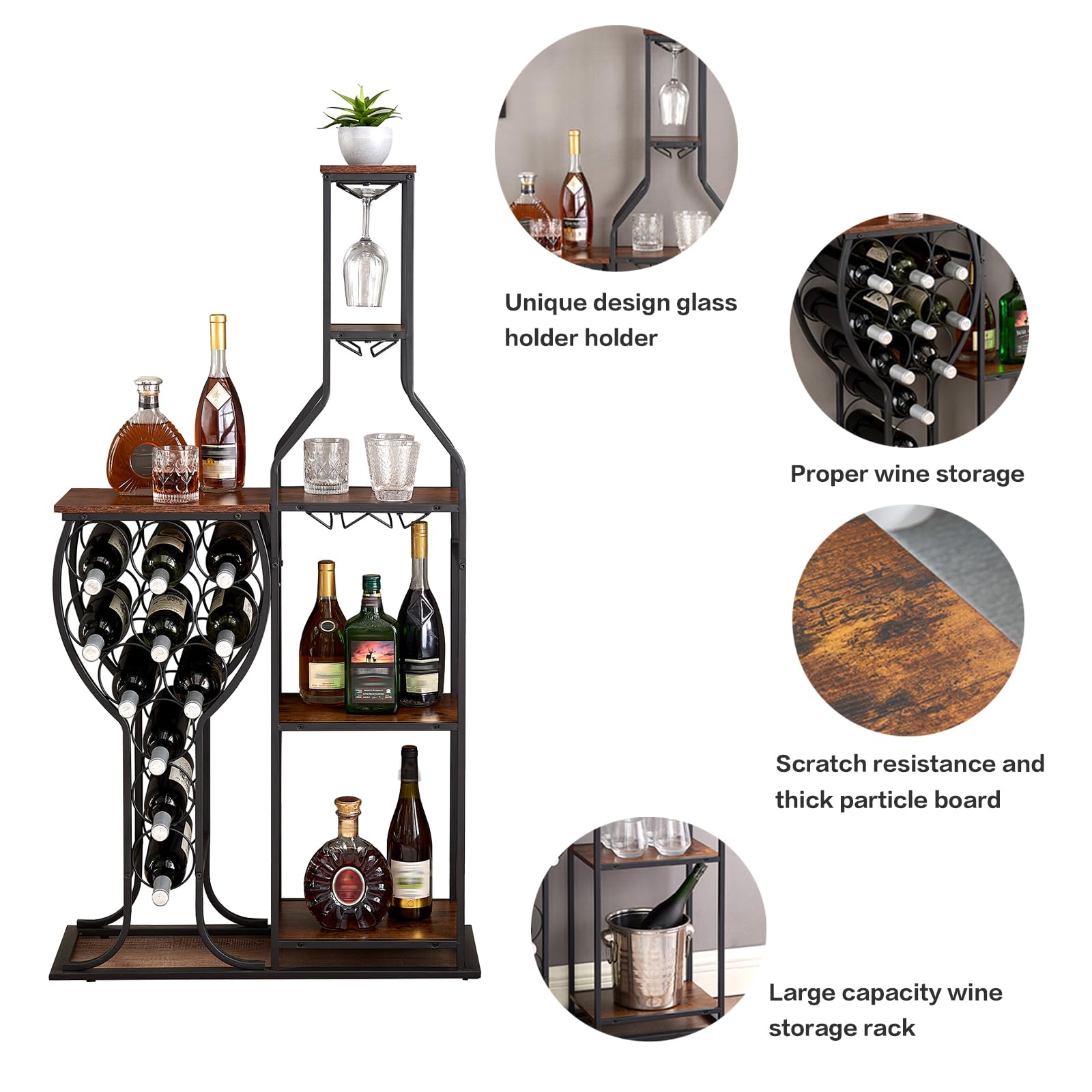 PUDDINER Wine Rack Freestanding Floor, 11 Bottle Wine Racks with Tabletop, Hanging Wine Glass Holder, 5 Tier Wine Bakers Rack, Bar Table Countertop, Wine Storage Shelf for Home, Bar, Kitchen, Brown