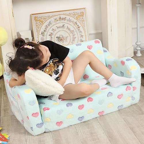Miniatura 2 de MOMCAYWEX Sofá de asiento extra ancho, sofá suave 2 en 1 plegable con almohada de estrella, sofá convertible a tumbona para niñas y niños