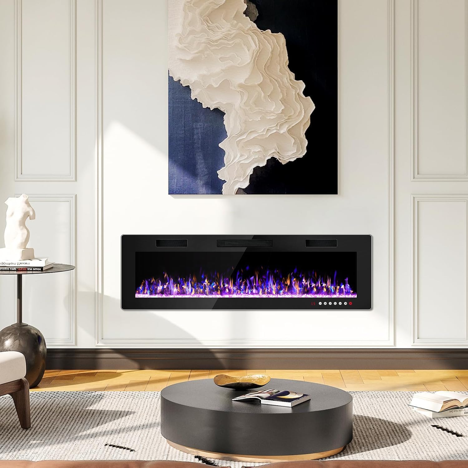 Waleaf Elektrokamin, 152,4 cm Elektrischer Kamin mit Heizung, 3D-Flammeneffekt, 12 Flammenfarben, Wandkamin und Einbaukamin mit Fernbedienung für Wohnzimmer & Innenräume, 1500W, Schwarz