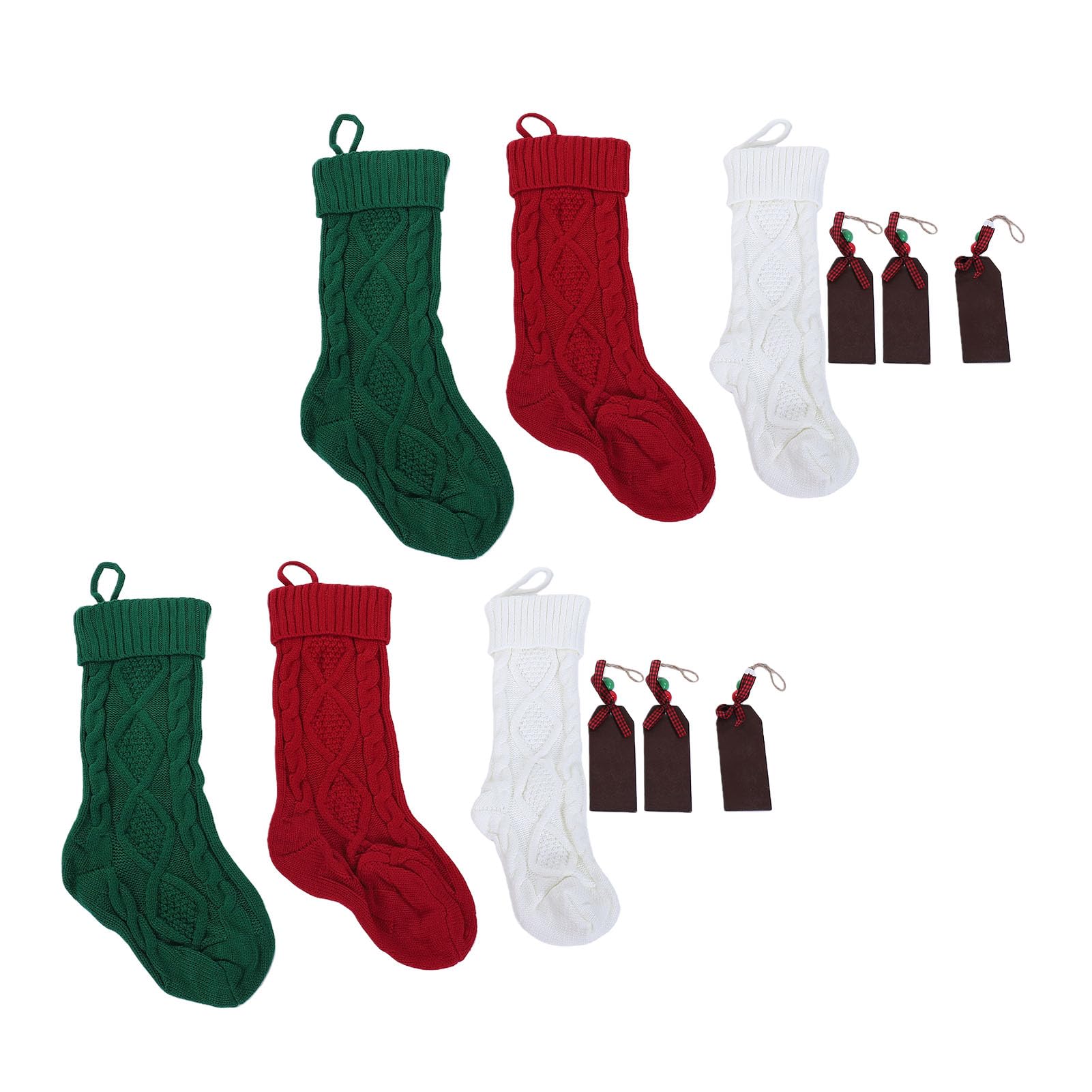6er-Pack Weihnachtsstrümpfe-Set, Gestrickte Wolle | Namensschilder aus Holz, weiß, rot, grün, große Weihnachtsstrickstrümpfe, Zopfstrick-Weihnachtsstrümpfe