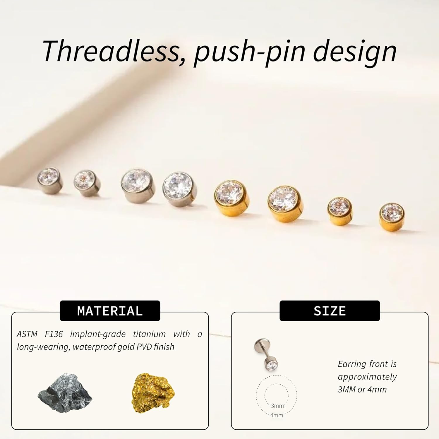 Cubic Zirconia Diamond Stud Earrings for Women | Hypoallergenic Earrings for Women with Flat Back, No-Poke Design | Non-Tarnish, Implant-Grade Titanium | Round Cut CZ Studs Earrings - Image 3