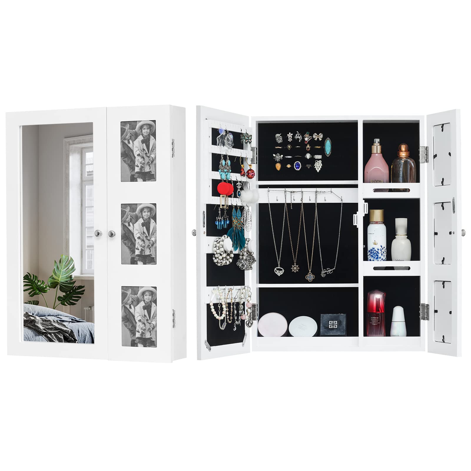 Wall Mounted Jewelry Organizer with Photo Frame - Non-Full Mirror Jewelry Cabinet - White Wooden Jewelry Armoire with Picture Frame - Over the Door Jewelry Organizer - Jewelry Wall Display Cabinet