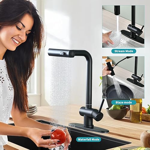 Miniatura 2 de Dornberg Grifo de cocina en cascada con rociador desplegable con línea de agua, montaje de grifo de cocina de acero inoxidable sin plomo con mesa de