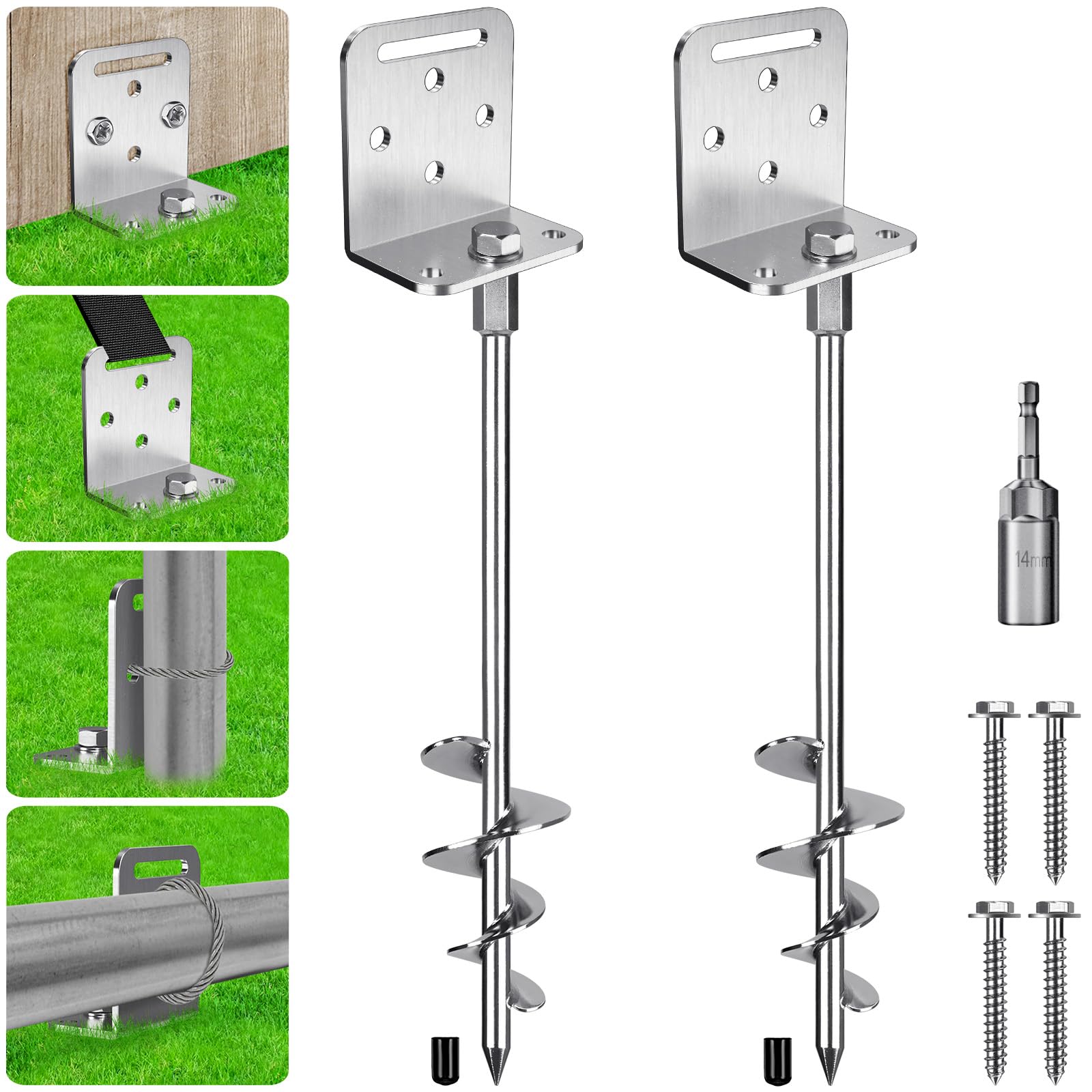 Set di 2 ancoraggi da terra da 76,2 cm, kit di ancoraggio a vite per capanno, larghezza 7,1 cm, set di ancoraggio per trampolino a spirale con staffa a L, set di ancoraggio per casa mobile, recinzione