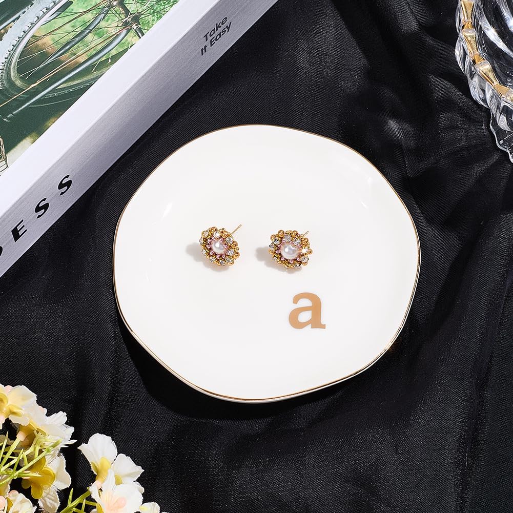 Beebeecraft Ceramic Jewelry Dish 4.7 Inch Round Decorative Ceramic Trinket Dish Jewelry Plate for Rings Earrings Necklaces Bracelet Watch Keys Birthday Mother's Day Christmas for Women Gift White (A)