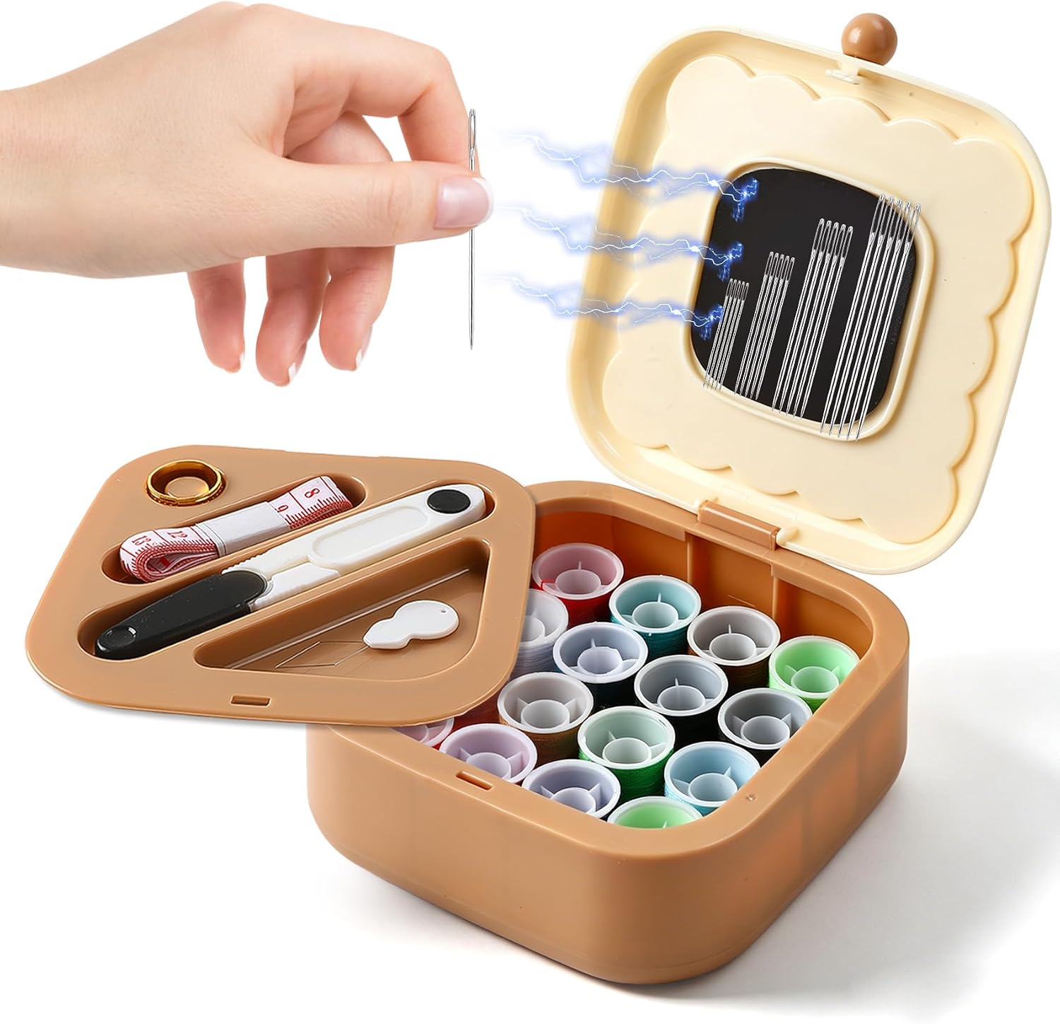 Sewing Kit Box, 2-Layer Pink Portable Needle and Thread Accessories Kits, Professional Magnetic Sewing Organizer Contains Thread Needles Scissors for Home Clothes Repair Women Travel Beginners Gifts