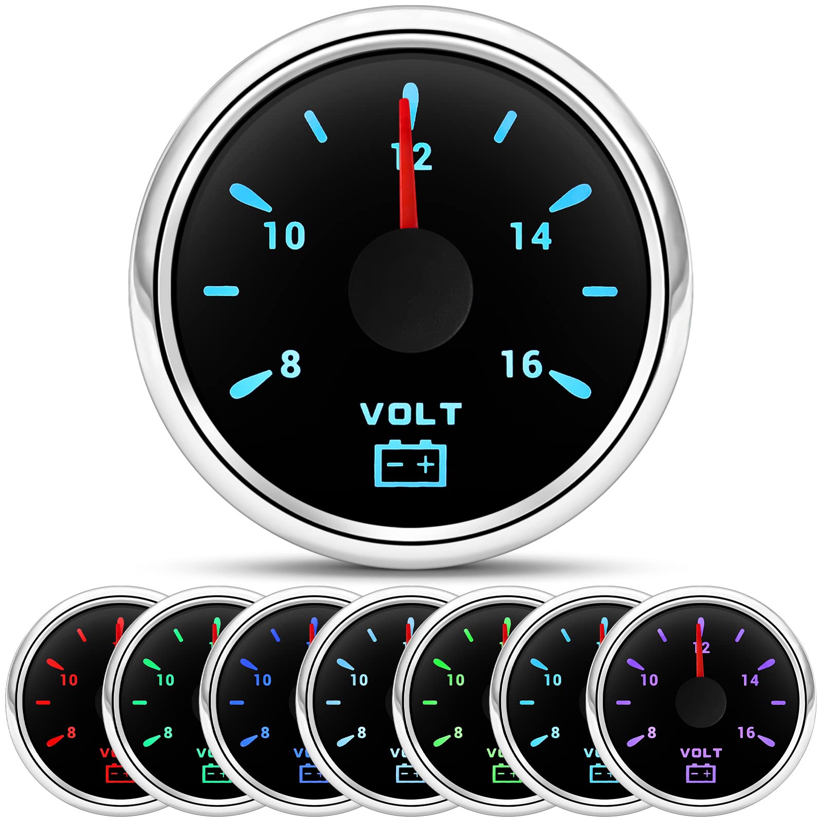 ARTILAURA Voltmeter Gauge 7 Color Backlight 2-1/16" 52mm Voltage Range 8-16 Volts for 12V/ 24V Car Auto Boat Marine Truck Black-image-18