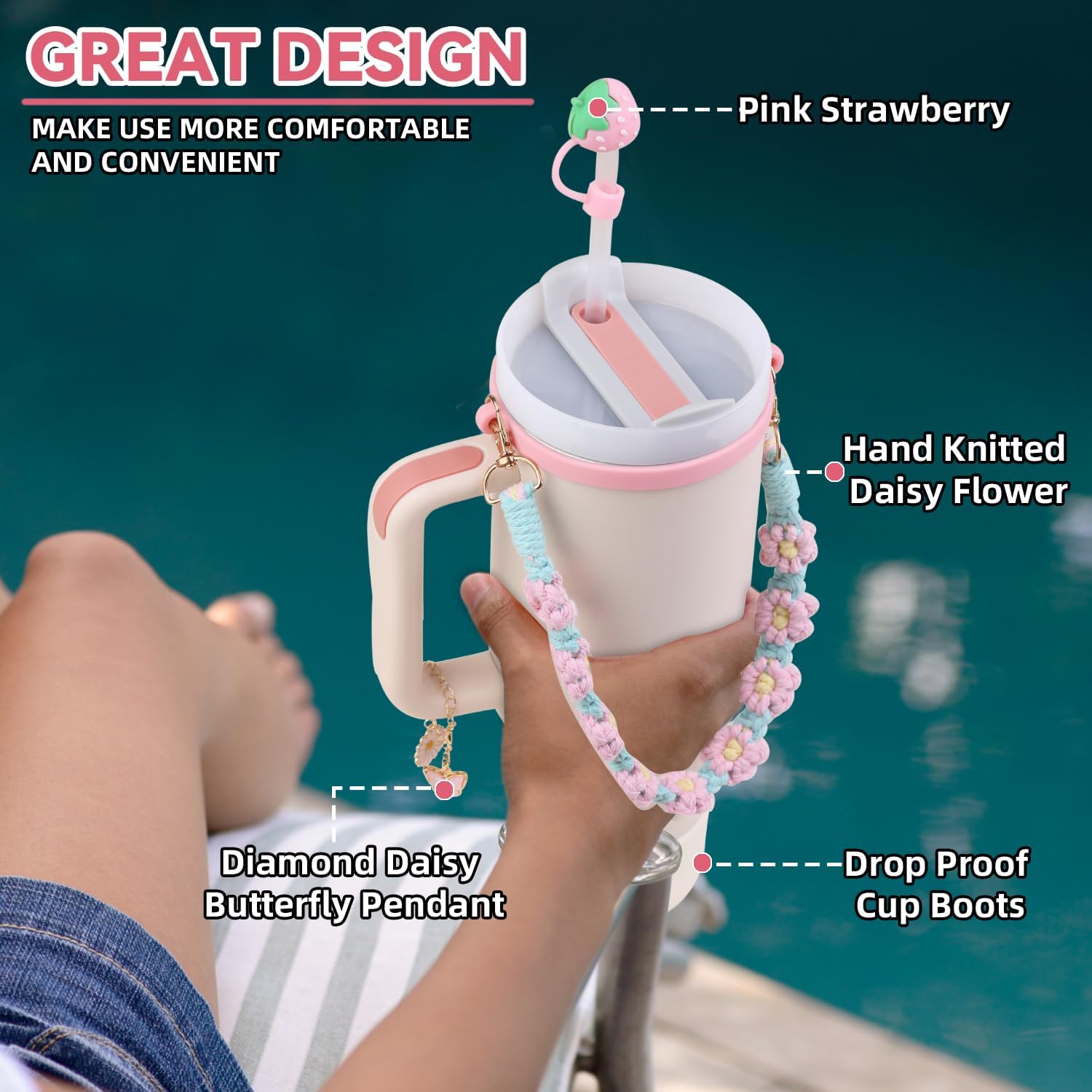 40 oz Tumbler Insulated Mug w/Straw & Flip Cap Lids - Cup Holder Bottle with 6 Accessories Set for Hot, Cold Drink - Leak-Proof - Water, Coffee Portable Travel Mug (Pink Gold) - Image 6