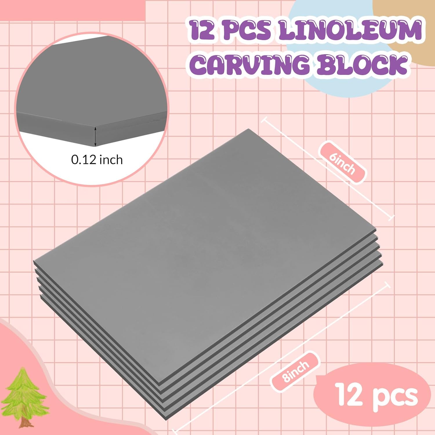 MotiMind 12 Pcs 6 x 8 Inch Linoleum Block Rubber Stamp Carving Blocks Soft Linocut Blocks Soft Linocut Plates for Printmaking DIY Art Craft Projects and Scrap Booking, Gray
