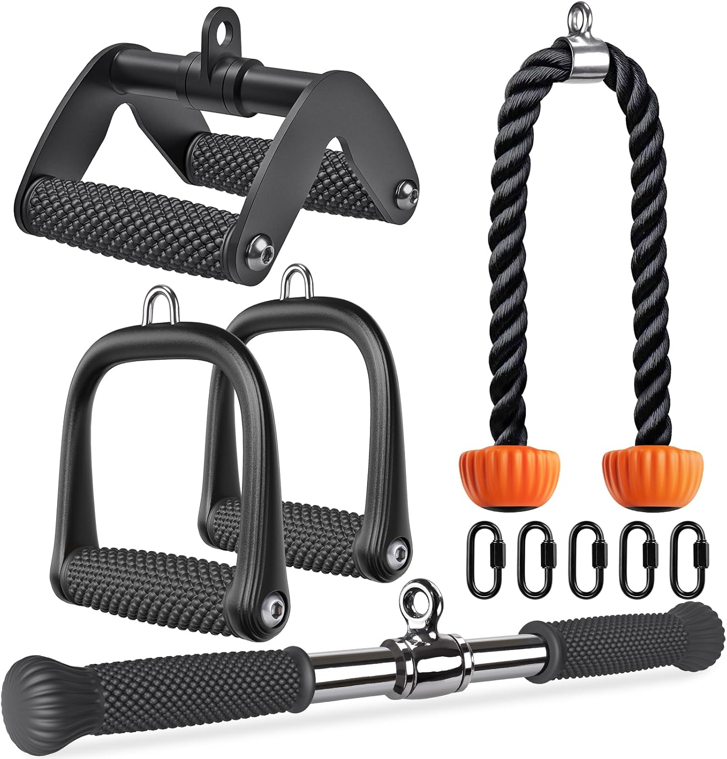 SELEWARE Tricep Pull Down Attachment, Cable Machine Accessories for Home Gym with Non-Slip Soft Rubber Grip, 18" LAT Rotating Straight Bar, Double D Row Handle, 36" Tricep Rope and D Handle