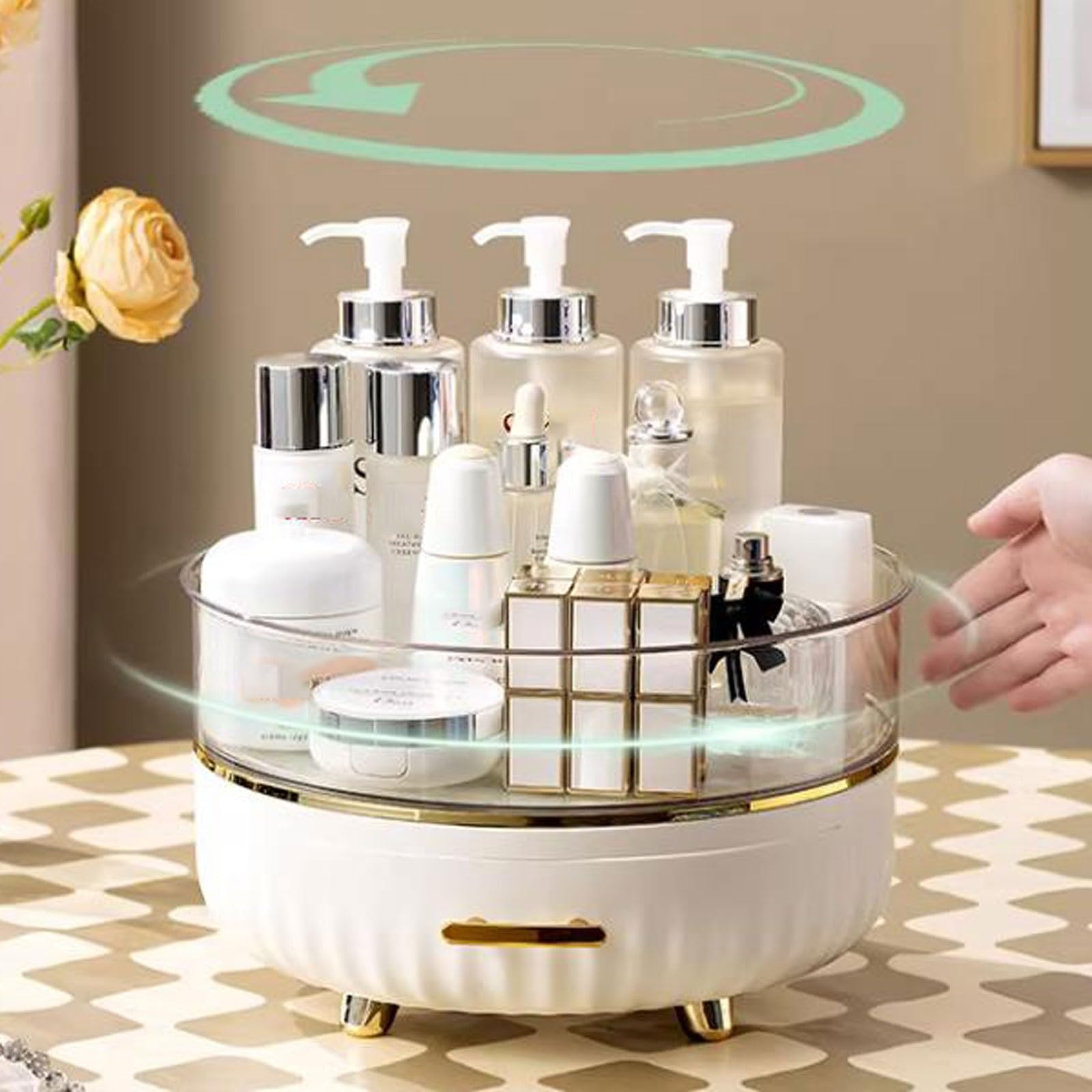 Organizer na kosmetyki Obrotowa taca na przybory do makijażu o 360° Pędzel Uchwyt pielęgnacji skóry z szufladą kosmetyki Perfumy Biżuteria, toaletki Sypialnia Łazienka(Green)