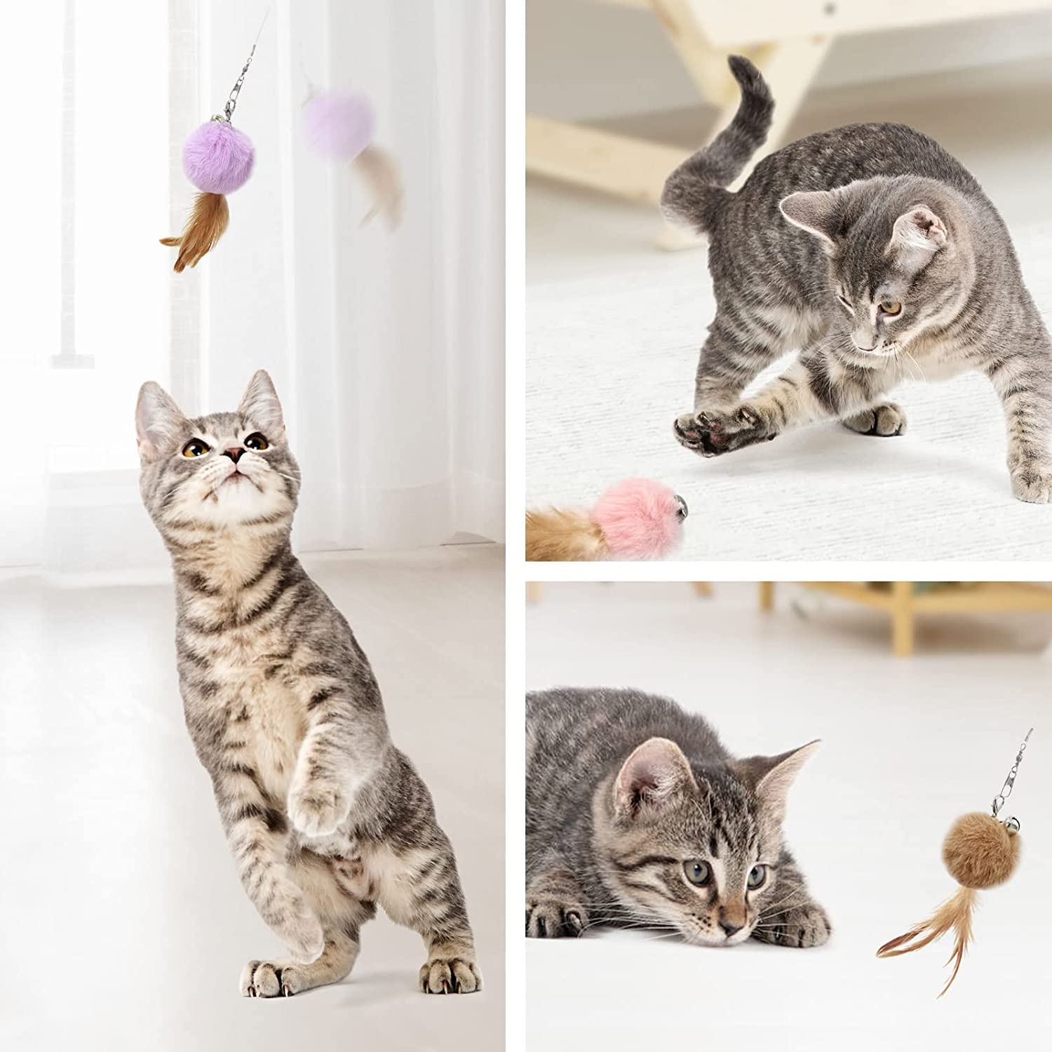 Juguetes de plumas esponjosas para gatos, repuesto de varita de juguete para gatos, 6 piezas de repuesto de plumas de juguete esponjosas, accesorios interactivos de varita para gatos, con