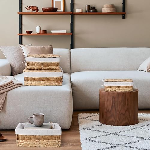 Miniatura 5 de Soaoo Juego de 4 cestas de almacenamiento de jacinto de agua con tapa, organizador rectangular de despensa con forro tejido natural, organizador de