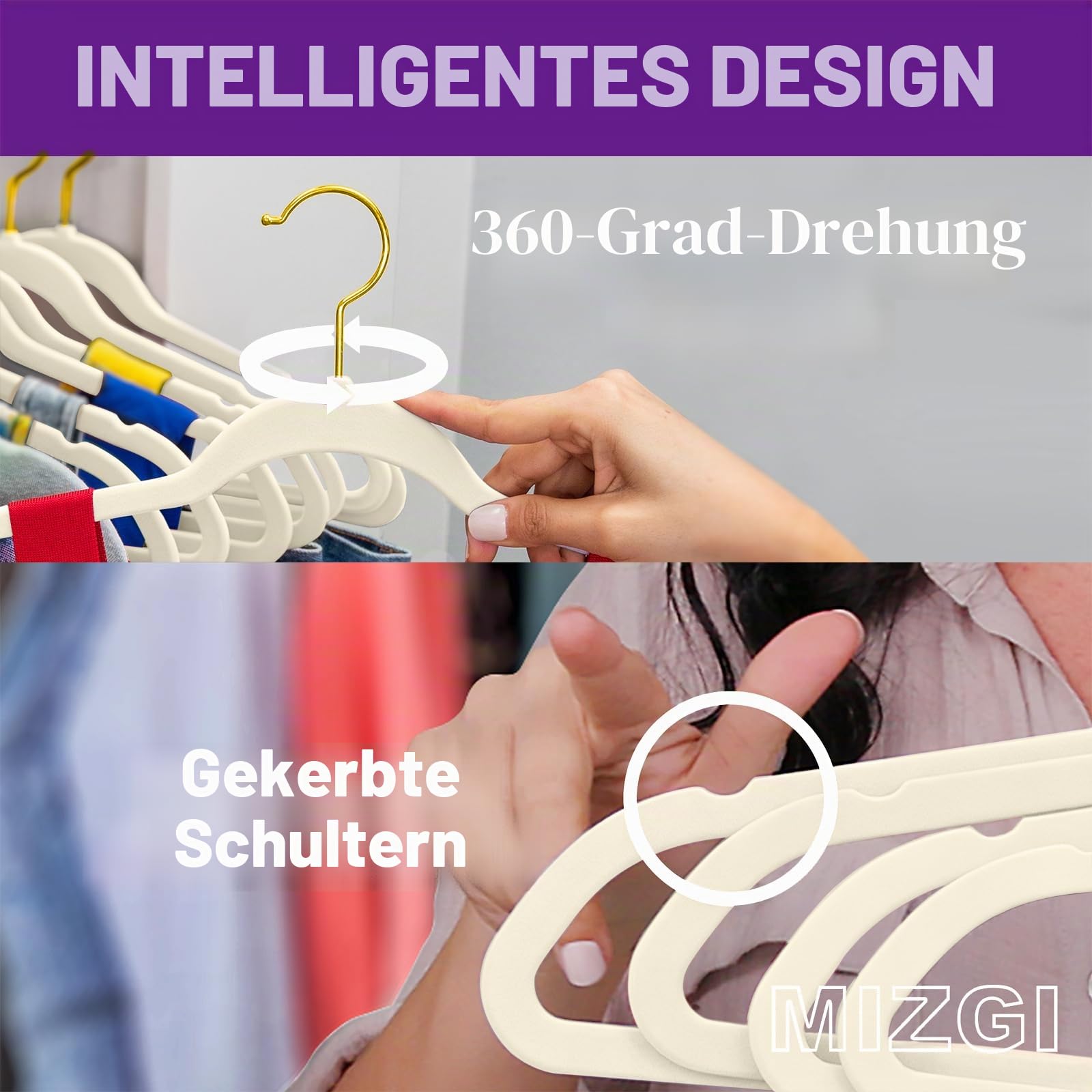 MIZGI Hochwertige Samt-Kleiderbügel, strapazierfähig, rutschfest, schlank, elfenbeinfarben, Goldfarbene Haken, platzsparend, 50 Stück