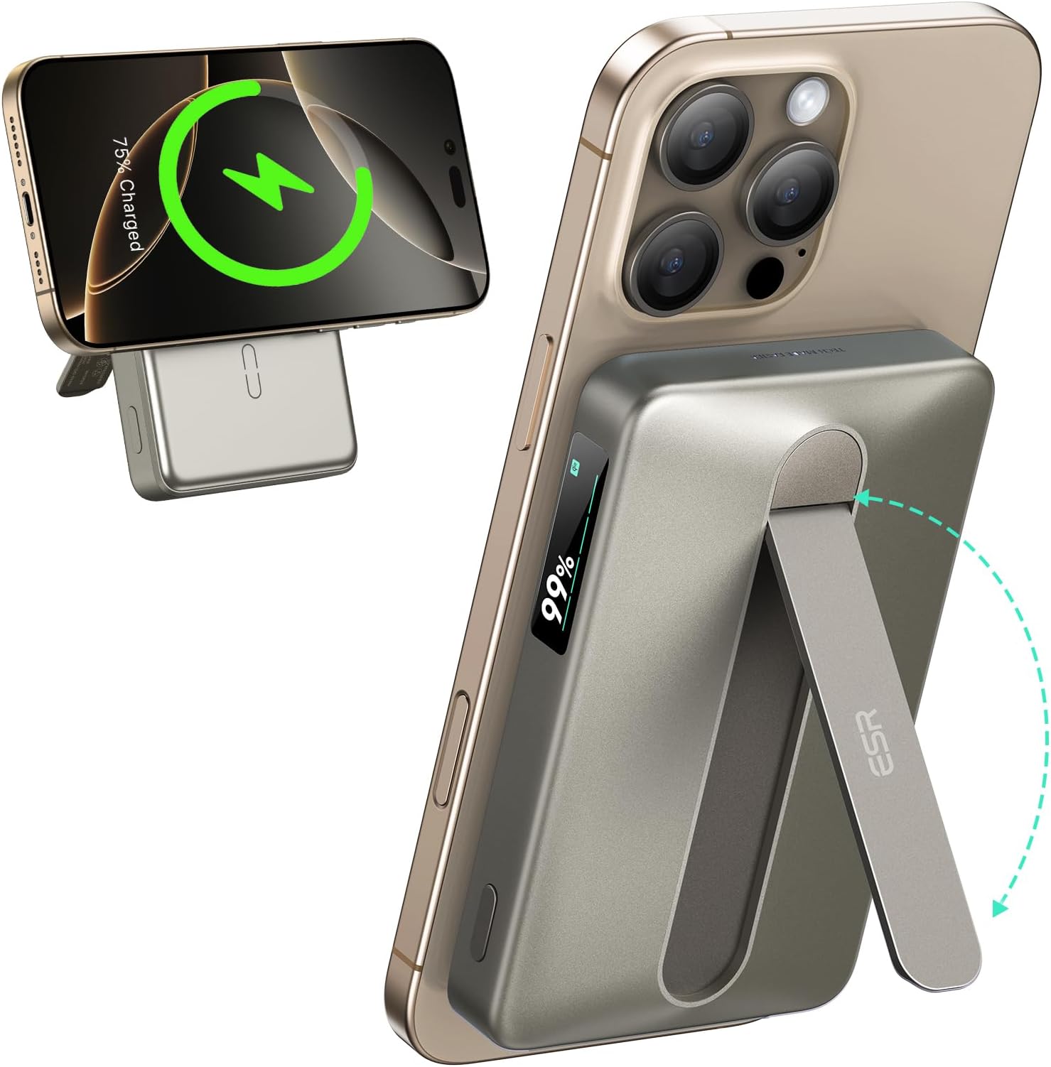 ESR for MagSafe Power Bank, Kickstand 10,000mAh MagSafe Portable Charger, Qi2 Certified 15W Fast Battery Pack with LED Display, 27W USB-C MagSlim Charger with Cable for iPhone 16/15/14/13/12,Titanium