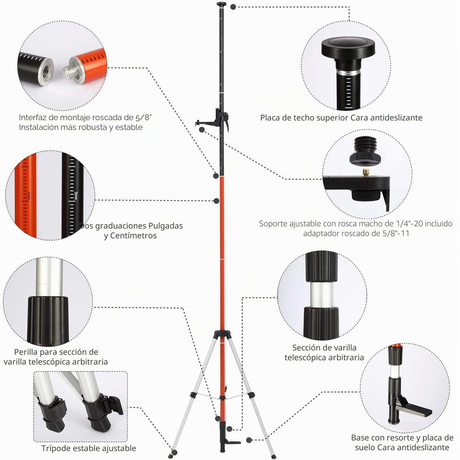 Poste Telescópico de soporte de nivel láser, 3,7 m Poste telescópico con trípode para láseres de nivel de láseres giratorios y de línea, con tornillos roscados de 1/4"-20 y 5/8"-11