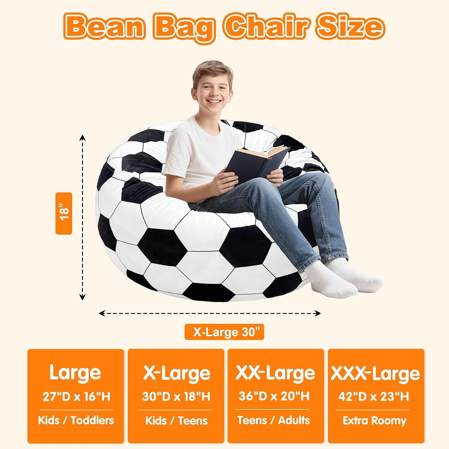 Lukeight Soccer Bean Bag Chair for Kids Teens Adults, Memory Foam Filled Floor Lounger, Washable Velvet Cover with Inner Liner, Beanbag Chair with Filling for Gaming and Reading, X-Large 30"D x 18"H