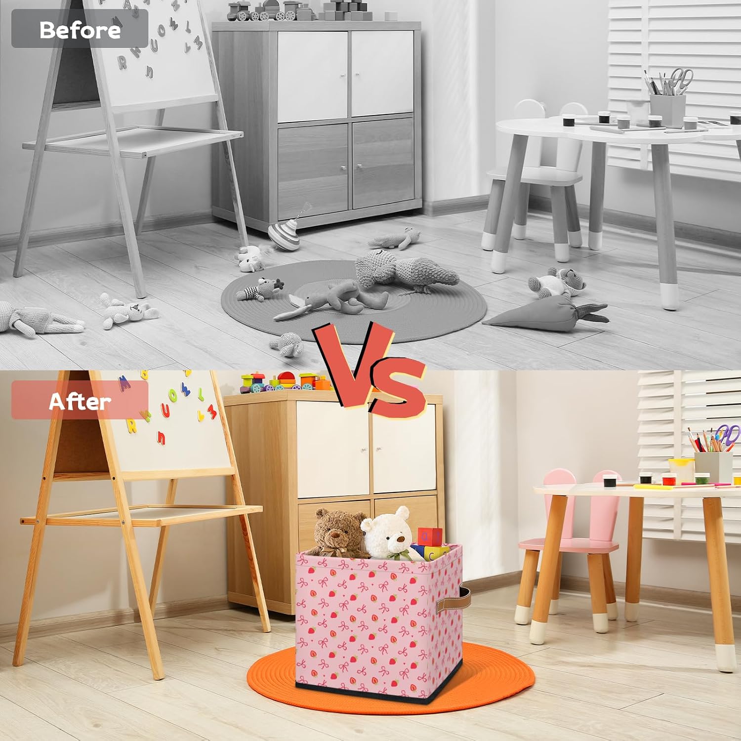 11" Pink Bow Strawberry Storage Basket Cube Large Toys Storage Box Bin with Handle Collapsible Closet Shelf Cloth Organizer for Nursery Bedroom