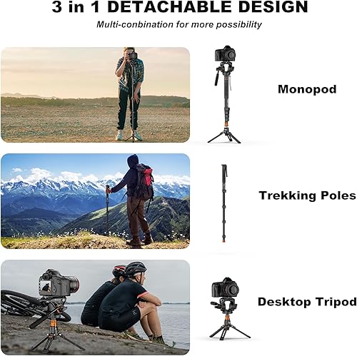 Miniatura 8 de Monopod de cámara profesional con pies, monopie de video de viaje portátil de aluminio de 73.2 pulgadas con base de trípode extraíble, carga máxima