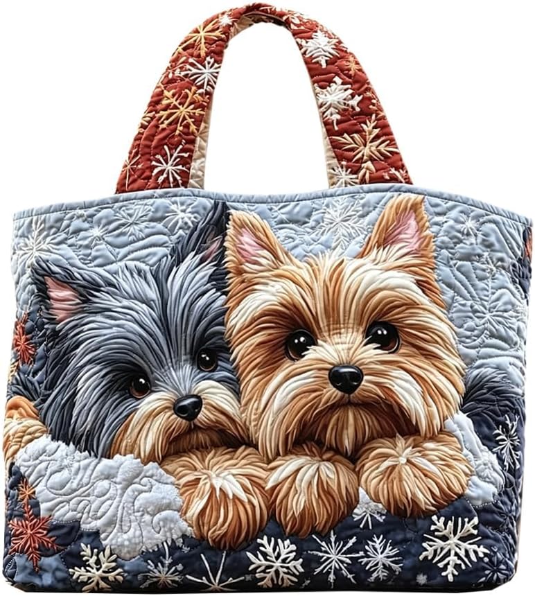 Christmas Quilted Tote Bag, Cute Yorkshire Terrier Dog Snowflake Print Large Capacity Handbag, Shopping Travel Daily Tote image 4
