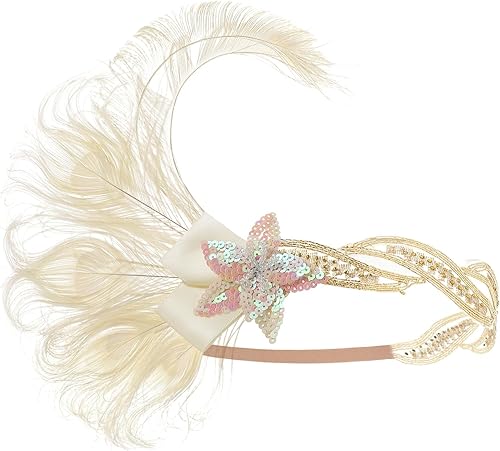 Miniatura 10 de Babeyond Cinta para la cabeza estilo década de 1920con pluma de pavo real diadema de los años 20 lentejuelas  Estilo 04 talla única  Negro