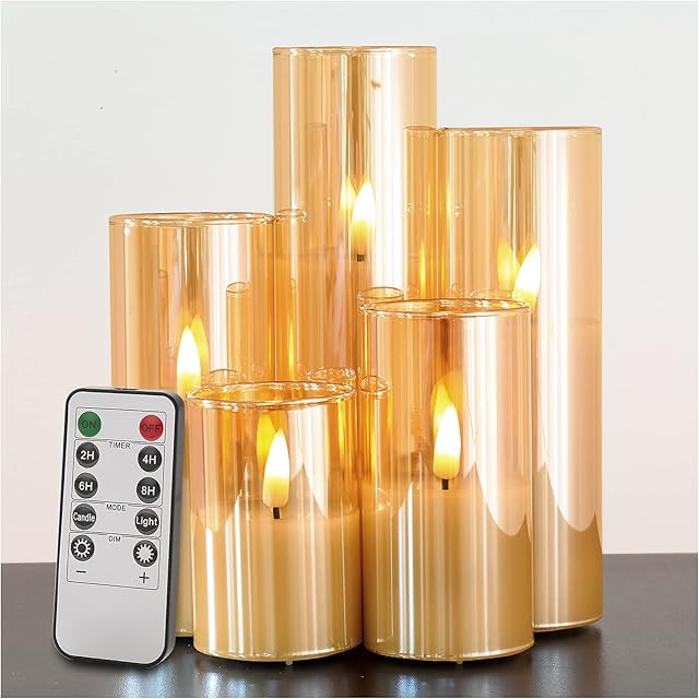 Eywamage 5 Pack Gold Glass Flameless LED Candles with Remote, Flickering Realistic Slim Tall Battery Christmas Candles D 2" H 3" 4" 5" 6" 7"