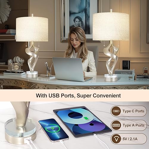 Miniatura 3 de Scenekoy Juego de 2 lámparas de mesa de resina escultórica con puertos USB para dormitorio, sala de estar, 26 pulgadas, hojas de plata antigua,