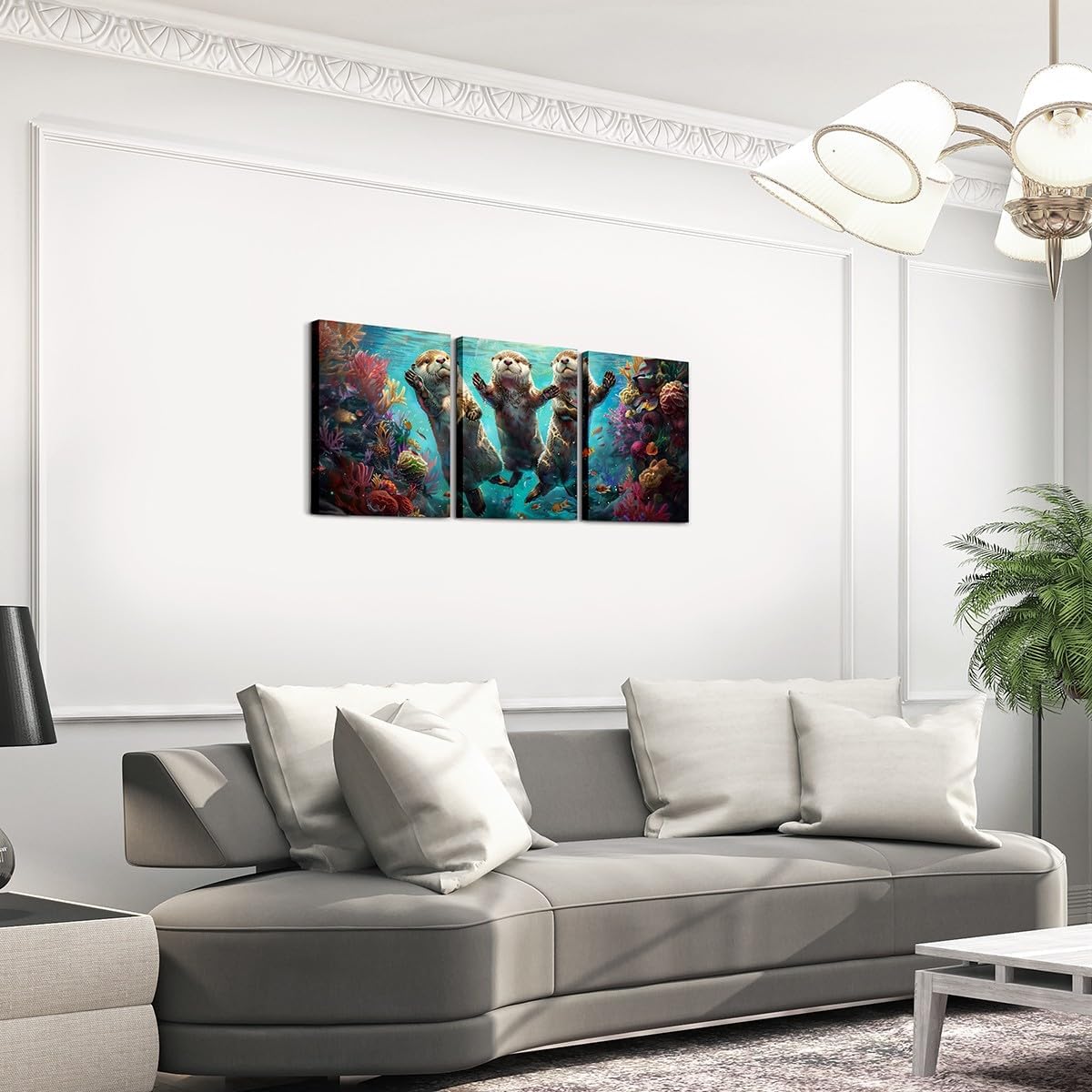 Kawaii Otter 3 Piece Canvas Wall Art for Living Room,Colorful Coral Seaweed Wall Decorations for Bedroom,3D Underwater World Wall Painting Prints Art Home Decor