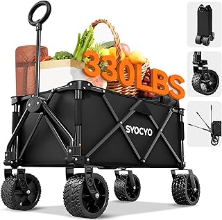 Collapsible Foldable Wagon Cart, Heavy Duty Folding Wagon with 330lbs Weight Capacity, Utility Garden Cart, Beach Wagon with All-Terrain Wheels for Garden,Camping, Sports, Shopping, Black