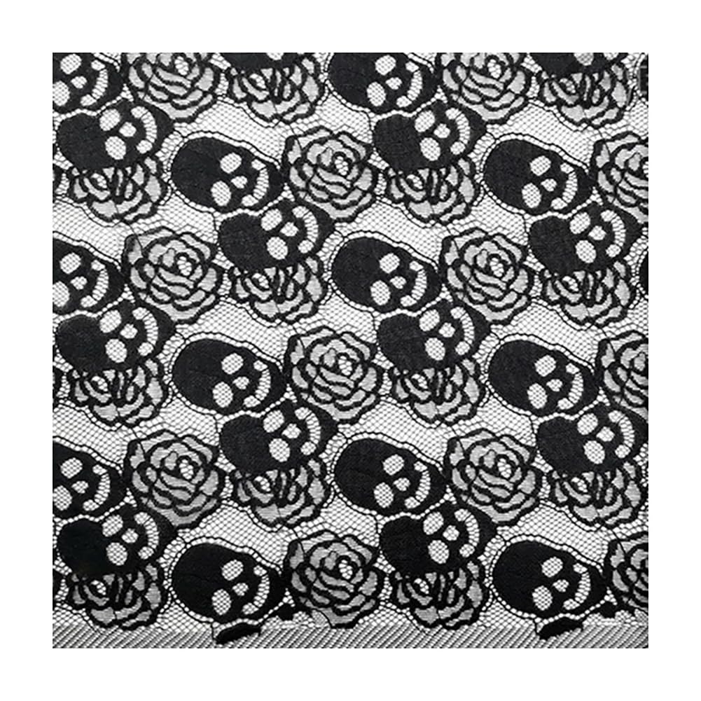 Egurs 91cm x 150m Schwarz Spitzenstoff mit Schädel Muster Tischtücher Halloween Spitzenband Nähzubehör Spitze Stoff Trim Stickerei Breite Retro Halloween Stoff Schwarz Deko Sewing Craft