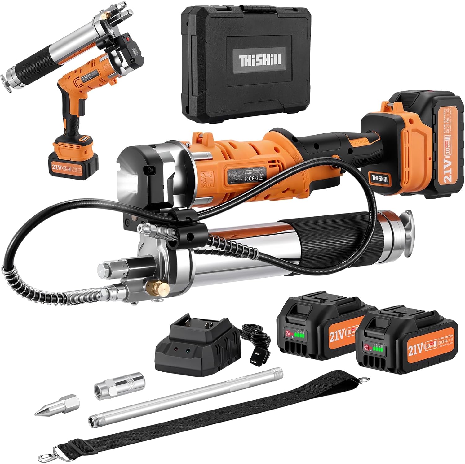 This Hill Electric Grease Gun 2-in-1 Design 2×4000mAh Batteries and Charger,Dual Pistol & in-Line Grip, up to 10 oz/min Flow Rate,40" Hose & LED Light for Tractors, Trailers, and Heavy Equipment