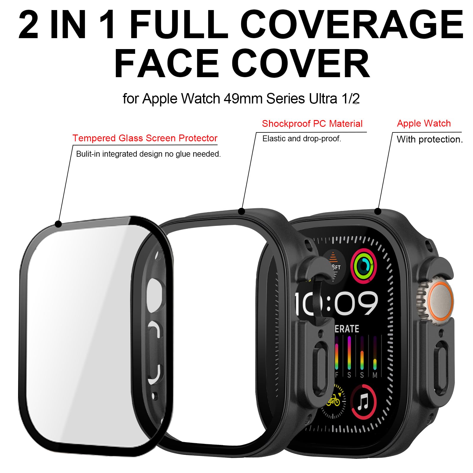 6-pak etui do Apple Watch Series Ultra1/2 49 mm z osłoną ekranu ze szkła hartowanego, twardy PC, ultracienki HD, odporny na zarysowania, pełna ochrona, osłona zderzaka do iWatch 49 mm, akcesoria (6