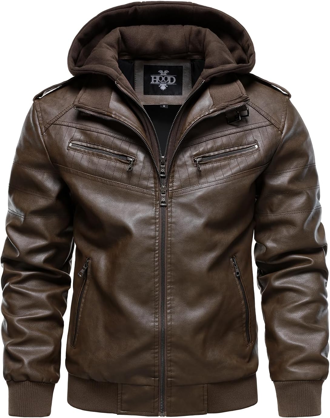 HOOD CREW Men's Leather Jackets Faux Bomber Jacket for Men Motorcycle Zip-Up Biker Coat With Hoodie - Image 2