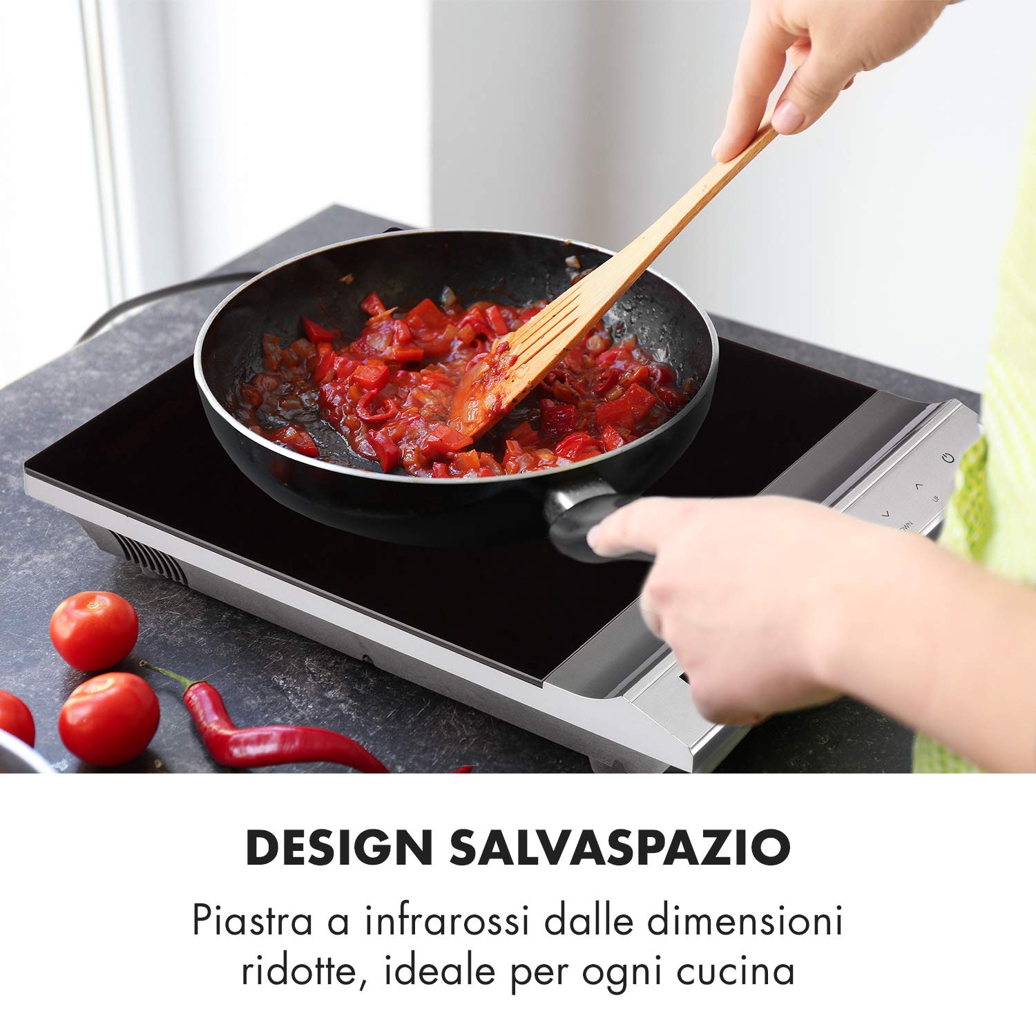 Klarstein MisterCook Piastra di cottura a infrarossi, livelli di potenza e temperatura, timer, comando touch, protezione da surriscaldamento e sovratensione, 1 zona di cottura, 2000 watt, argento