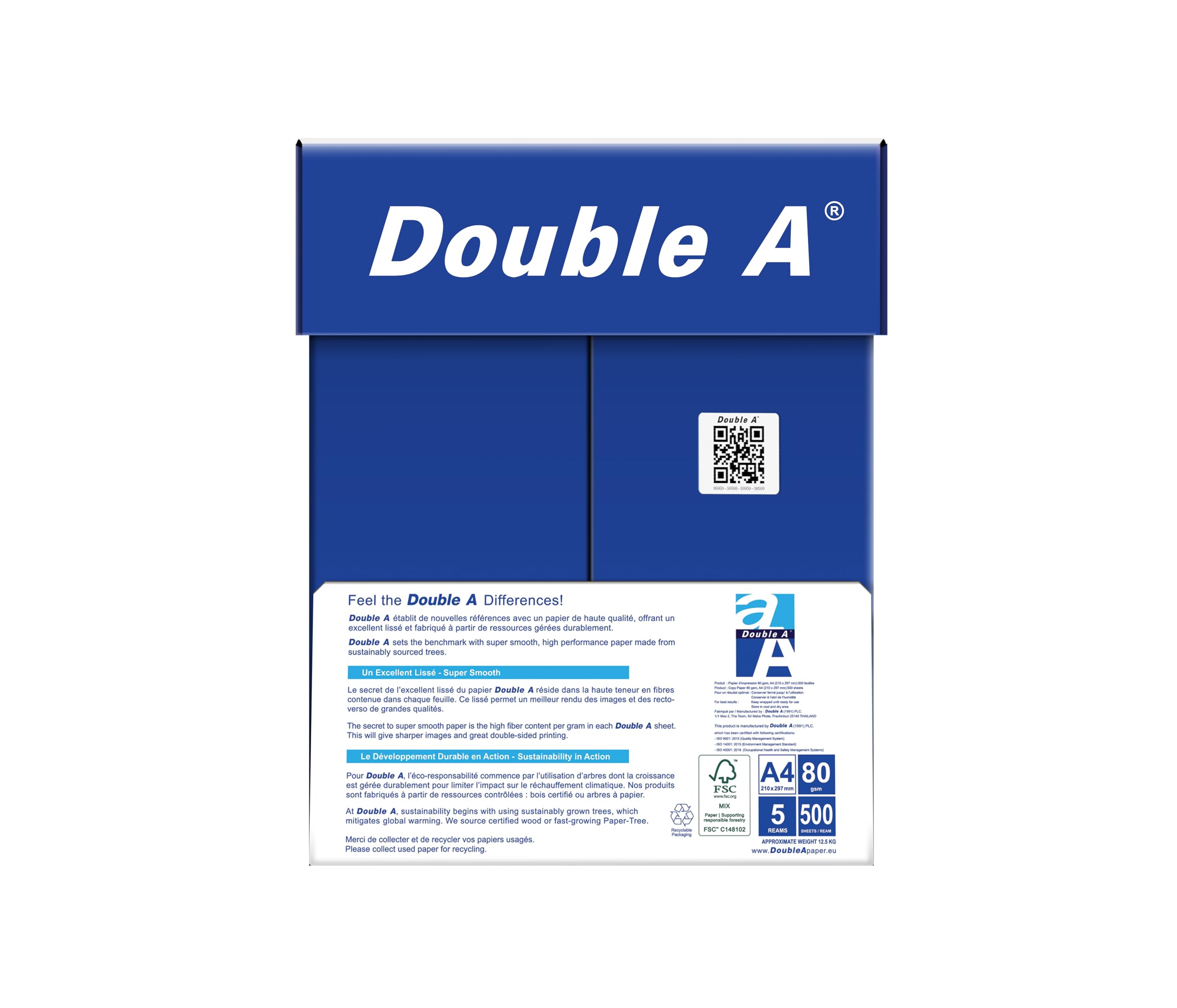 Double A Premium - Papel para imprimir (formato A4, 80 g/m², 2.500 hojas), color blanco
