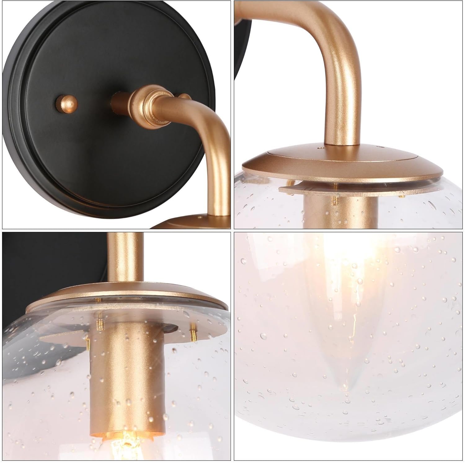 KSANA Black Gold Wall Sconces, 1-Light Globe Sconces Wall Lighting with Seeded Glass Shade, Modern Bathroom Wall Sconce Light Fixtures for Kitchen, Bedrooms, Hallway, Powder Room