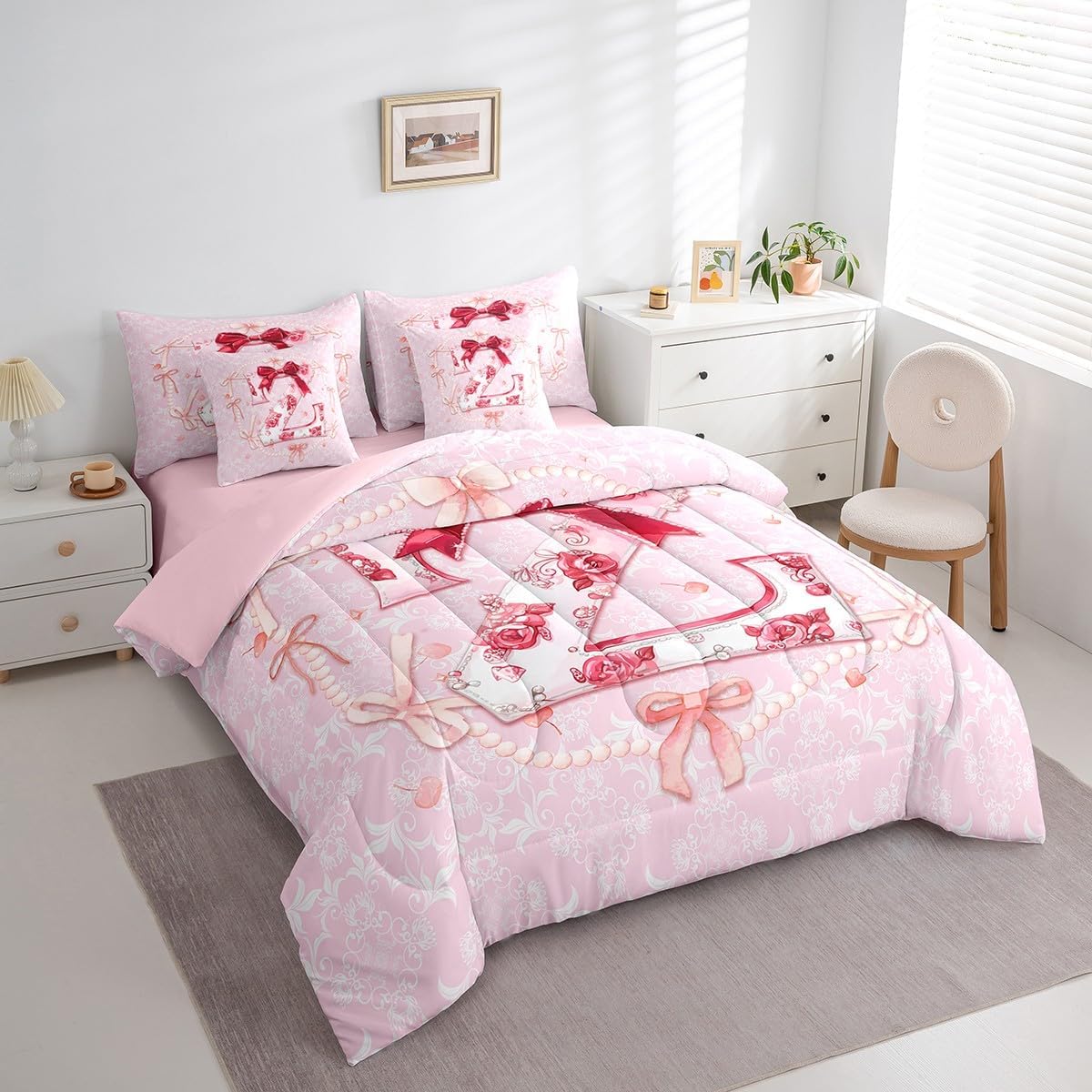 Erosebridal 7Pcs Initial Letter Z Birthday Gifts Coquette Bow Full Size Comforter Sets with Rose Floral Design Cute Preppy Pink Bow Bedding Sets 3D Alphabet Aesthetic Preppy Bowknot Bed in A Bag(Z)