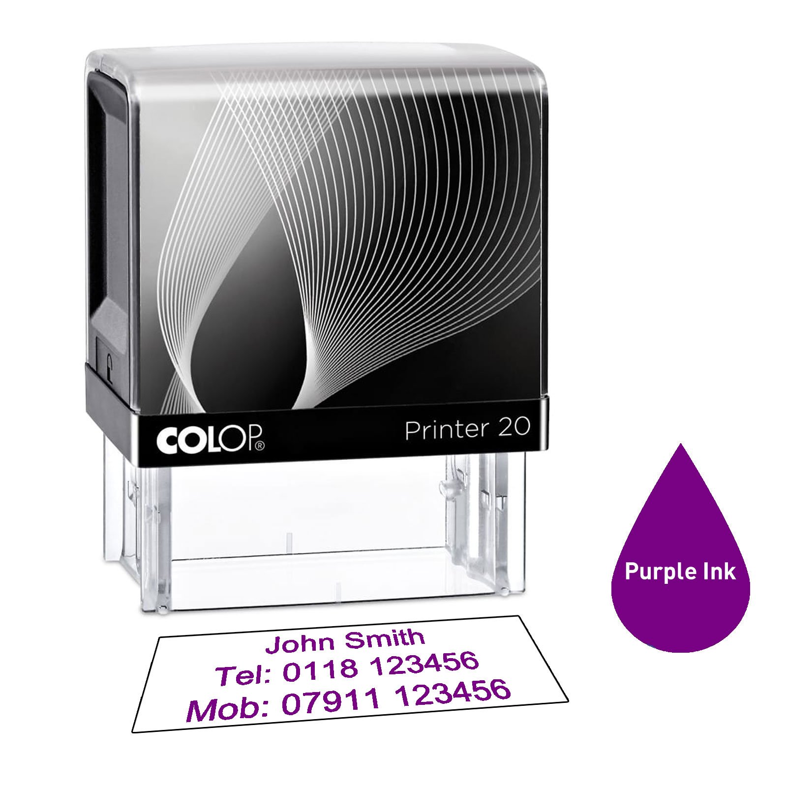 Colop P20 38 x 14mm Personalised Custom Made Self-Inking Business Rubber Stamp with Violet Ink and 3 Lines of Text