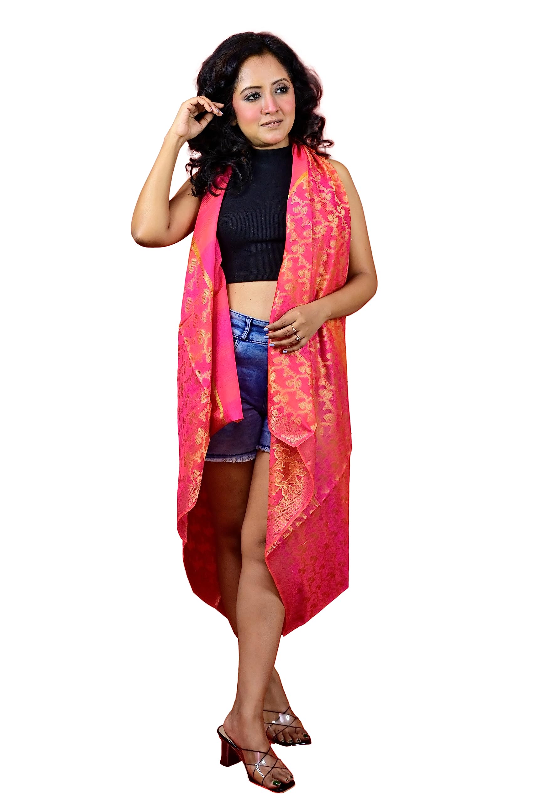 FARTILA 081652 Pink Chanderi Banarasi Silk Dupatta – Traditional Indian Silk Scarf & Wrap for Women – Elegant Zari Work for Weddings, Festivals & Special Occasions