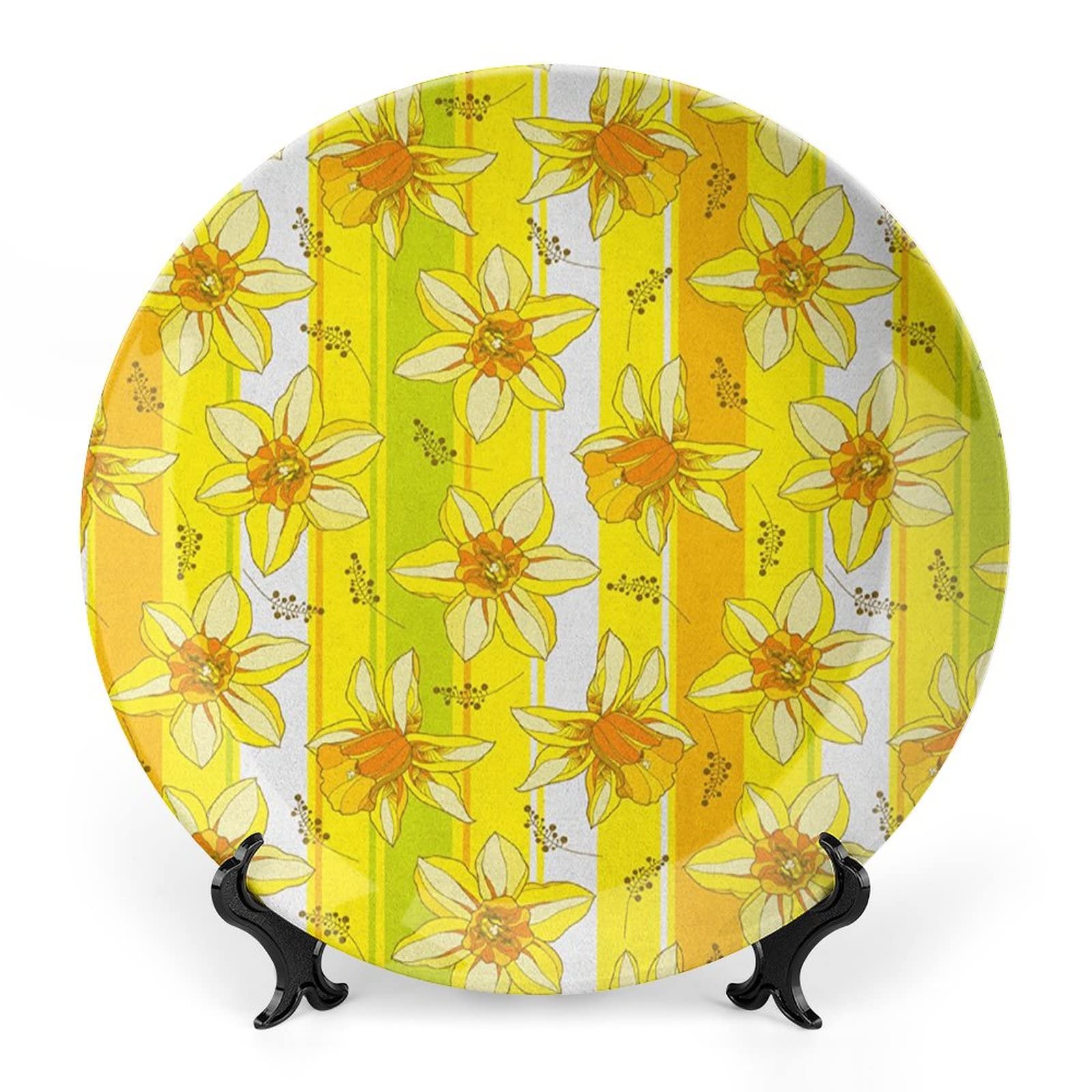 XISUNYA 10 Inch Decorative Plate, Yellow Flower Ceramic Stoneware, Floral Spring Narcissus Daffodil Jonquil Striped Print Ornament Display Plate